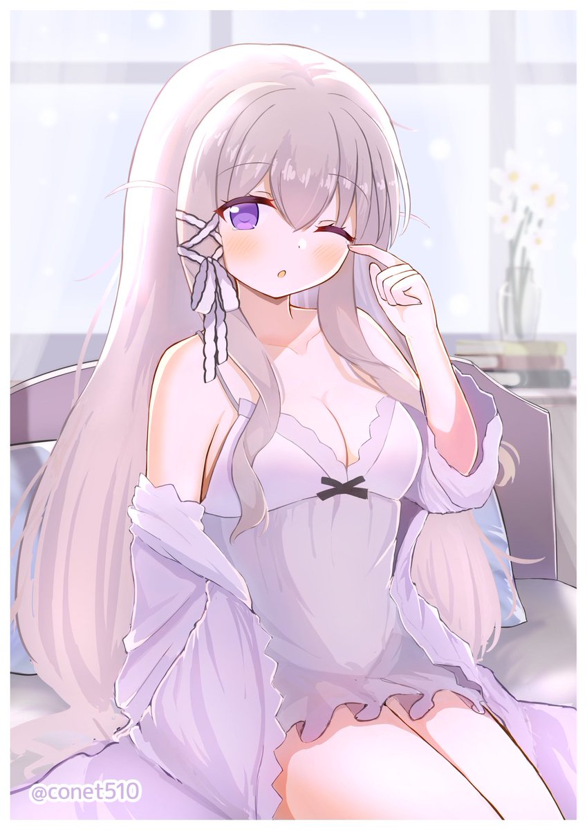 1girl, :o, apartment, azur_lane, bare_shoulders, black_ribbon, blurry, blurry_background, breasts, conet510, flower, grey_hair, hair_ornament, heterochromia, highres, jacket, long_hair, murmansk_(azur_lane), murmansk_(sceneries_of_pure_snow)_(azur_lane), nightgown, official_alternate_costume, one_eye_closed, purple_eyes, ribbon, see-through_clothes, signature, solo, thighs, waking_up, white_flower, white_nightgown, white_ribbon