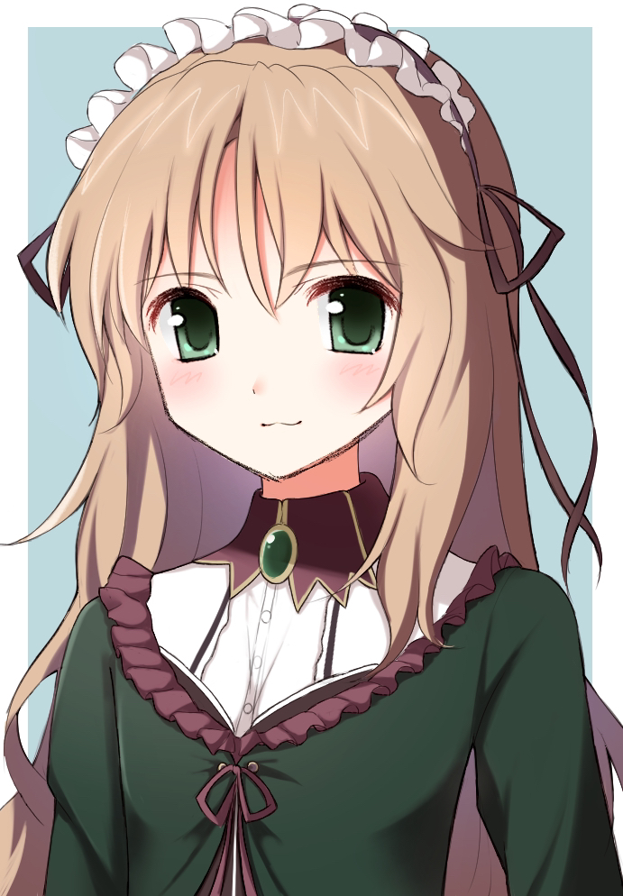 1girl, baldr_sky, blue_background, border, brown_hair, brown_ribbon, dress, green_dress