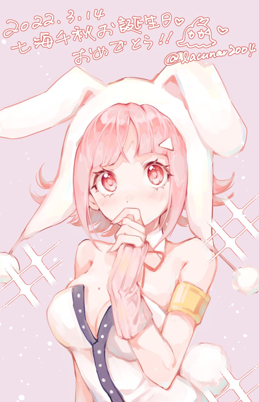 1girl, absurdres, alternate_hair_ornament, animal_hood, armlet, bare_shoulders, blush, danganronpa_(series), danganronpa_2:_goodbye_despair, detached_collar, flipped_hair, grey_background, hair_ornament, hand_up, highres, hood, jewelry, liang_cun_rakuna, medium_hair, nanami_chiaki, neck_ribbon, official_alternate_costume, pink_eyes, playboy_bunny, rabbit_hood, red_ribbon, ribbon, simple_background, solo, sparkle, translation_request, triangle_hair_ornament