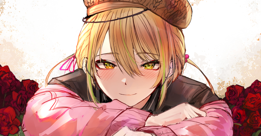 1girl, absurdres, beret, black_shirt, blonde_hair, blush, brown_hat, collared_shirt, eyeshadow, fuzuki_miki, fuzuki_miki_(2nd_costume), green_hair, hair_ribbon, hat, highres, indie_virtual_youtuber, makeup, mole, mole_under_eye, multicolored_hair, naokomama, pink_ribbon, pink_sweater, plant, portrait, red_eyeshadow, ribbon, shirt, solo, streaked_hair, sweater, thorns, vines, virtual_youtuber