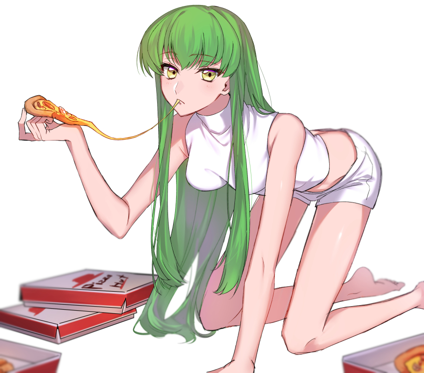 1girl, all_fours, armpits, bare_shoulders, barefoot, breasts, c.c., code_geass, eating, feet, food, green_hair, highres, holding, holding_food, holding_pizza, long_hair, looking_at_viewer, pizza, pizza_box, pizza_hut, pizza_slice, poro_uma, shorts, small_breasts, solo, thighs, very_long_hair, white_shorts, yellow_eyes