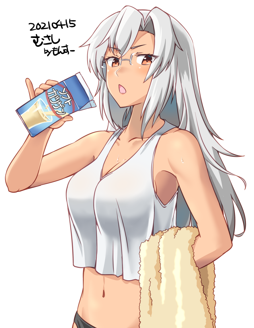 1girl, alternate_costume, alternate_hairstyle, artist_name, black_panties, breasts, brown_eyes, cleavage