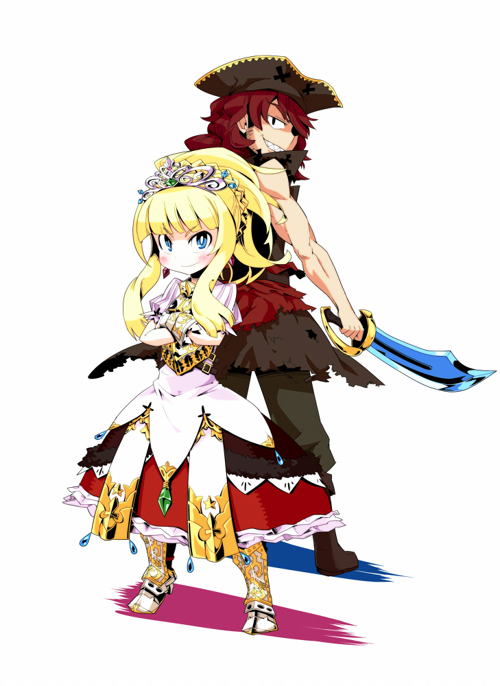 1boy, 1girl, armor, artist_request, atlus, back-to-back, etrian_odyssey, full_body