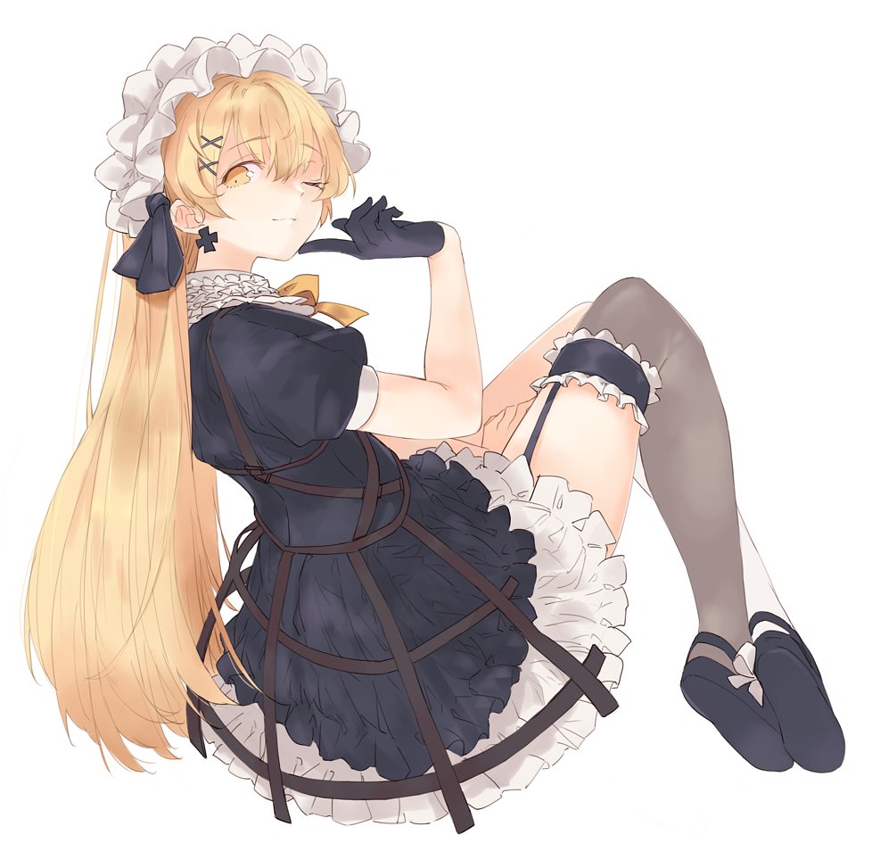 1girl, asymmetrical_legwear, black_gloves, blonde_hair, dress, earrings, finger_to_own_chin, frilled_dress, frilled_hairband, frills, full_body, garter_straps, girls'_frontline, gloves, gothic_lolita, hair_between_eyes, hairband, jewelry, lolita_fashion, long_hair, mismatched_legwear, namakura_(a_namakura), one_eye_closed, ppk_(girls'_frontline), puffy_short_sleeves, puffy_sleeves, ribbon, short_dress, short_sleeves, solo, very_long_hair, yellow_eyes