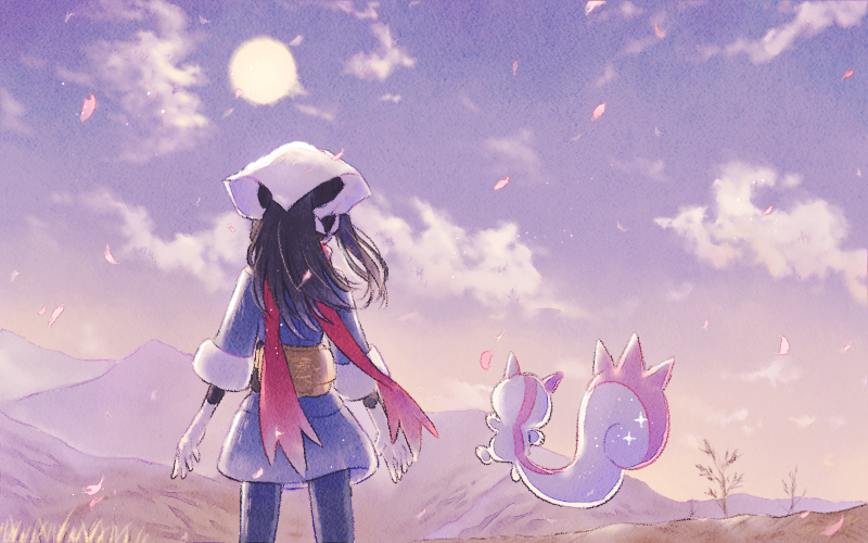 1girl, akari_(pokemon), alternate_color, black_hair, black_shirt, cloud, commentary_request, day