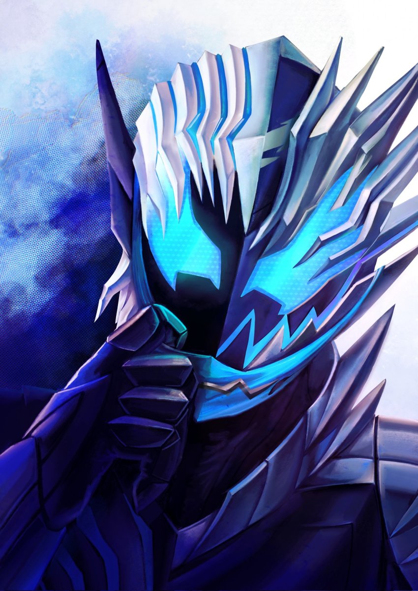 1boy, armor, asymmetry, black_armor, compound_eyes, demon, demon_boy, dx_tyogosui, highres, kamen_rider, kamen_rider_jack_revice, kamen_rider_revi, kamen_rider_revice, mask, pointy_ears, removing_mask, spiked_armor, spikes, split, two-tone_background, vice_(kamen_rider_revice)