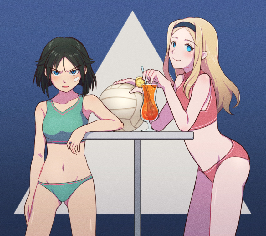 2girls, aleksandra_i._pokryshkin, ball, bikini, black_hair, blonde_hair, blush, brave_witches, breasts, closed_mouth, collarbone, drink, green_bikini, hairband, hato_ni_olive_teppou, highres, kanno_naoe, long_hair, looking_at_viewer, multiple_girls, navel, open_mouth, red_bikini, shiny_skin, short_hair, small_breasts, smile, swimsuit, volleyball, volleyball_(object), world_witches_series