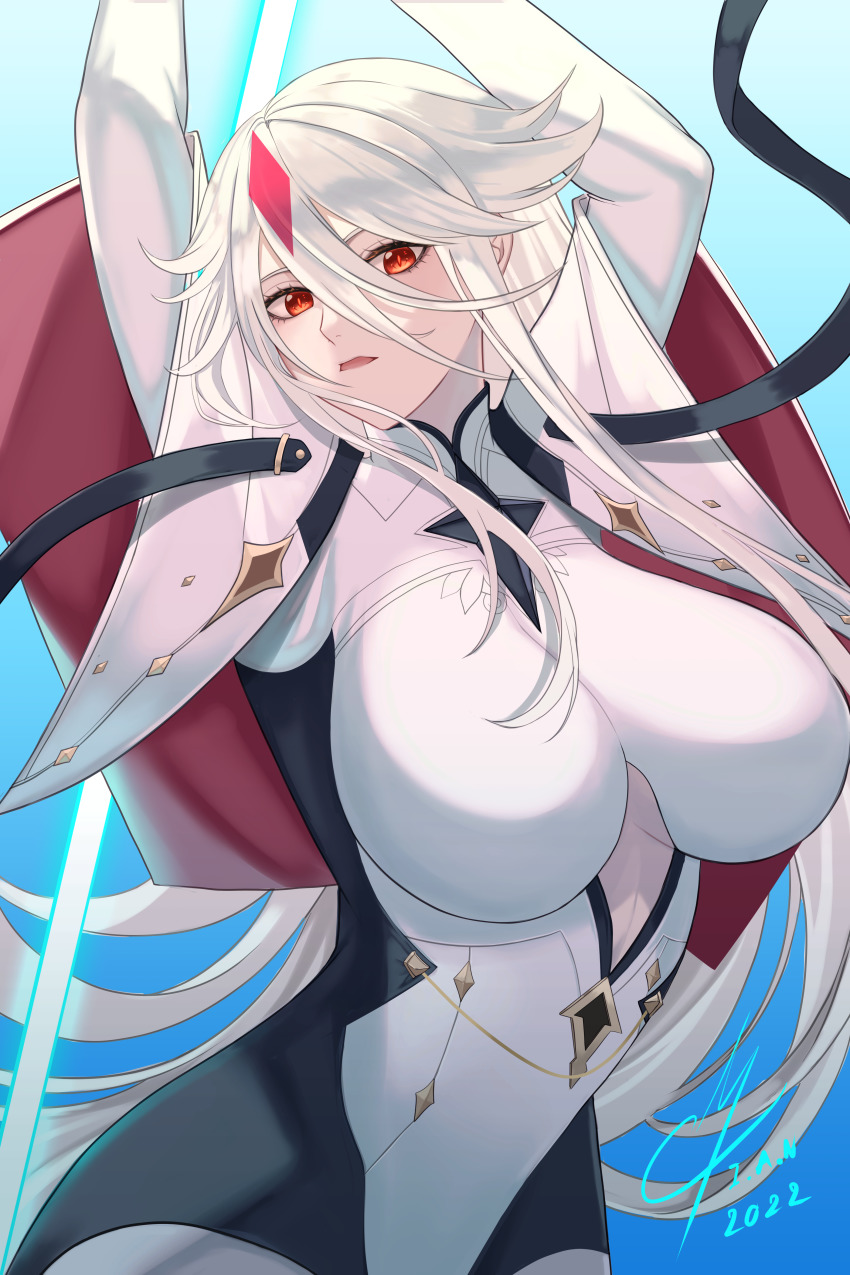 1girl, absurdres, arms_up, breasts, cleavage_cutout, clothing_cutout, epic_seven, forehead_jewel, highres, i_a_n, large_breasts, leotard, long_hair, looking_at_viewer, luna_(epic_seven), mage_luna_(epic_seven), red_eyes, shawl, solo, underboob, underboob_cutout, very_long_hair, white_hair, white_leotard