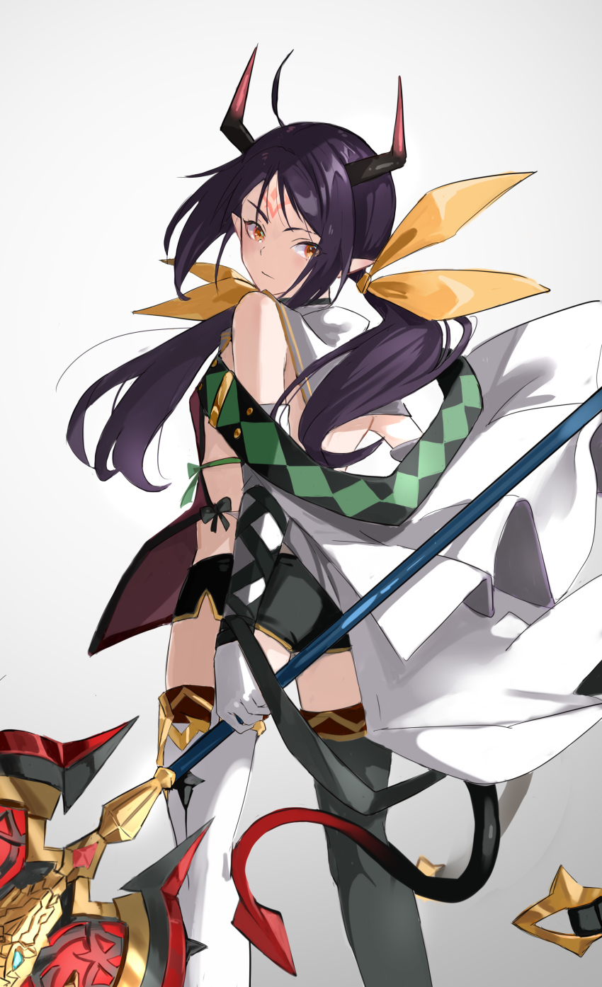 1girl, absurdres, apocalypse_ravi_(epic_seven), ass, asymmetrical_legwear, axe, black_hair, black_shorts