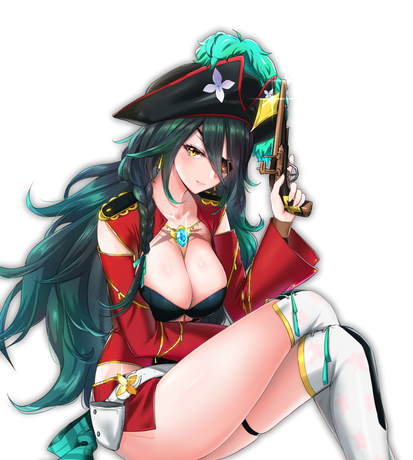 1girl, black_leotard, boots, breasts, cleavage, epic_seven, eyepatch, flan_(epic_seven), green_hair, gukukimu, gun, hair_over_one_eye, handgun, hat, highres, jacket, large_breasts, crossed_legs, leotard, looking_at_viewer, pirate_costume, pirate_captain_flan_(epic_seven), pirate_hat, pistol, red_jacket, smile, thigh_boots, thighhighs, trigger_discipline, weapon, white_footwear, yellow_eyes