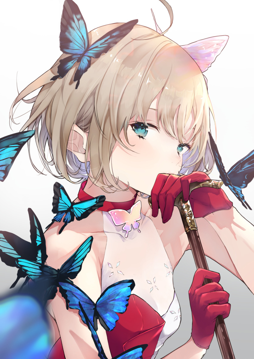1girl, blue_butterfly, blue_eyes, brooch, bug, butterfly, butterfly_brooch, butterfly_hair_ornament, c-93_(fluttering_butterfly)_(girls'_frontline), c-93_(fluttering_like_a_butterfly)_(girls'_frontline), c-93_(girls'_frontline), cane, collarbone, covered_mouth, dress, girls'_frontline, gloves, hair_ornament, highres, insect, jewelry, official_alternate_costume, sakippo_(sakippo0), see-through_clothes, simple_background, two-tone_dress