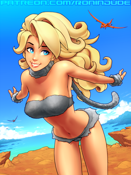 1girl, aqua_eyes, artist_name, ayla_(chrono_trigger), bandeau, bare_shoulders, beach, blonde_hair