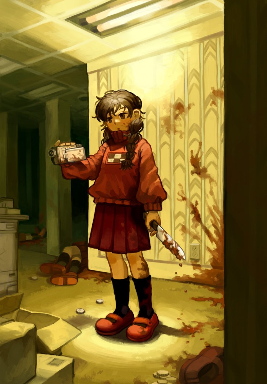 1girl, 9twoeight, :o, absurdres, backrooms_(creepypasta), black_socks, blood, blood_on_clothes, blood_on_face, blood_on_wall, blood_stain, bloody_knife, braid, brown_eyes, brown_hair, camcorder, camera, ceiling_light, coin, commentary, corpse, english_commentary, eyebrows_hidden_by_hair, fluorescent_lamp, highres, holding, holding_camera, holding_knife, indoors, knife, long_hair, madotsuki, mixed-language_commentary, murder, open_mouth, pink_shoes, pink_sweater, pleated_skirt, purple_skirt, shoes, skirt, socks, solo, sweater, twin_braids, video_camera, yellow_theme, yume_nikki