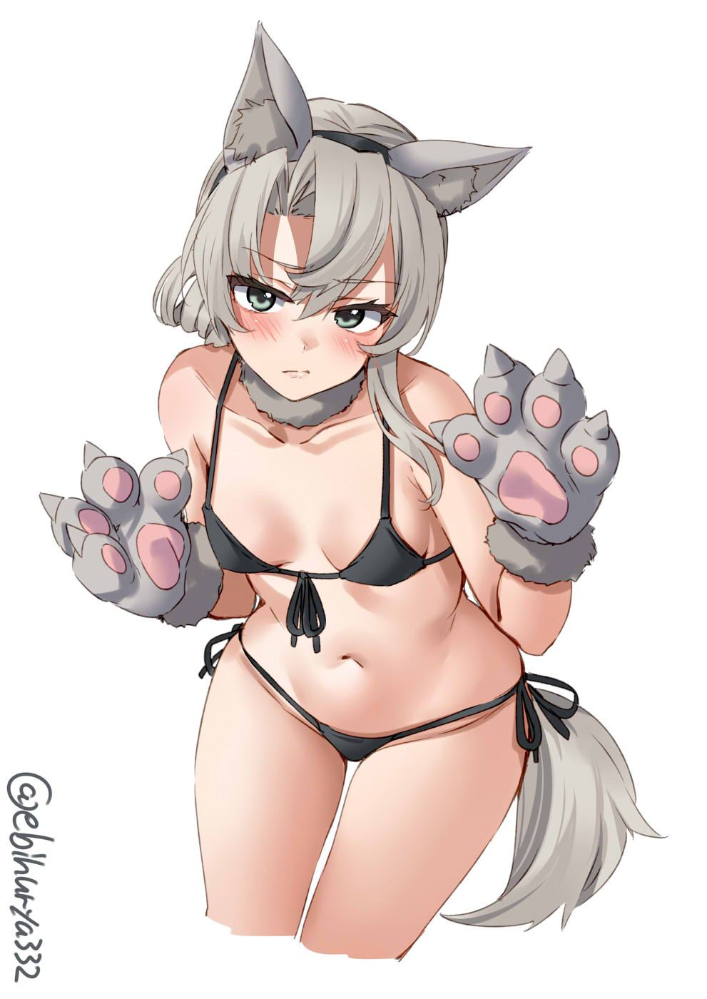 1girl, alternate_costume, animal_ears, animal_hands, asymmetrical_hair, blush, breasts, closed_mouth, collarbone, cropped_legs, ebifurya, feet_out_of_frame, female_focus, gloves, grey_eyes, groin, hair_between_eyes, hands_up, highres, kantai_collection, looking_at_viewer, navel, nowaki_(halloween)_(kancolle), nowaki_(kancolle), paw_gloves, short_hair, silver_hair, simple_background, small_breasts, solo, tail, twitter_username, white_background, wolf_ears, wolf_paws, wolf_tail