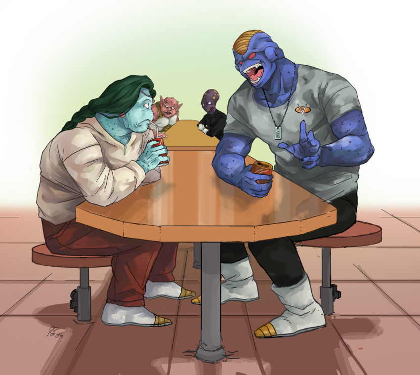 00s, 2008, 4boys, alien, alternate_costume, alternate_form, appoule, appule, boots, braid, burter, can, casual, contemporary, cup, dated, dodoria, dragon_ball, dragonball_z, drink, drink_can, drinking_straw, green_hair, highres, long_hair, looking_at_another, male_focus, multiple_boys, no_humans, open_mouth, rhandi_mask, single_braid, sitting, soda_can, zarbon