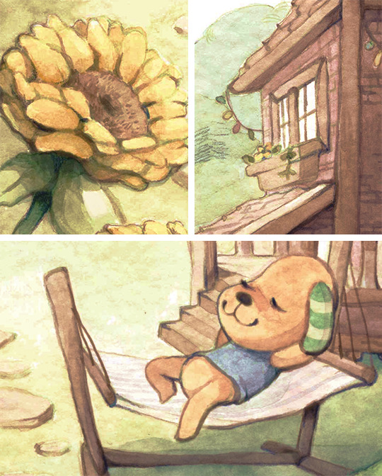 animal_crossing, biskit_(animal_crossing), flower, hammock, miguel_crossing, nintendo, painting_(medium), sunflower, traditional_media, watercolor_(medium)