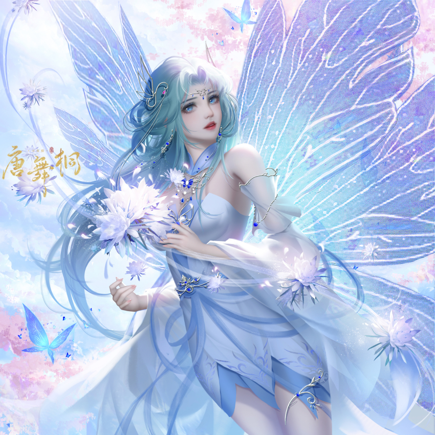 1girl, \||/, absurdres, bare_shoulders, blue_eyes, blue_hair, bracelet, bug