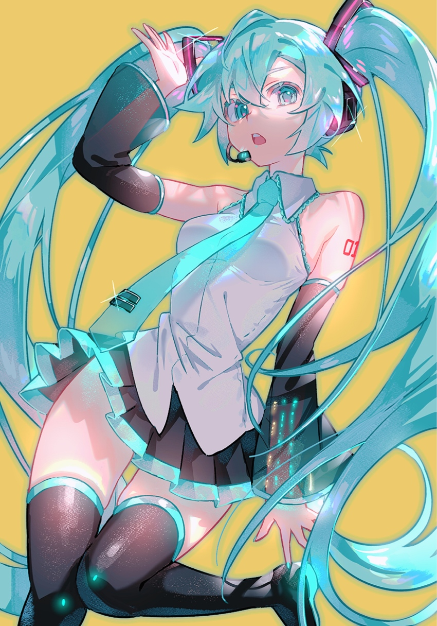 1girl, aqua_eyes, aqua_hair, aqua_nails, aqua_necktie, arm_at_side, armpit_crease, bare_shoulders