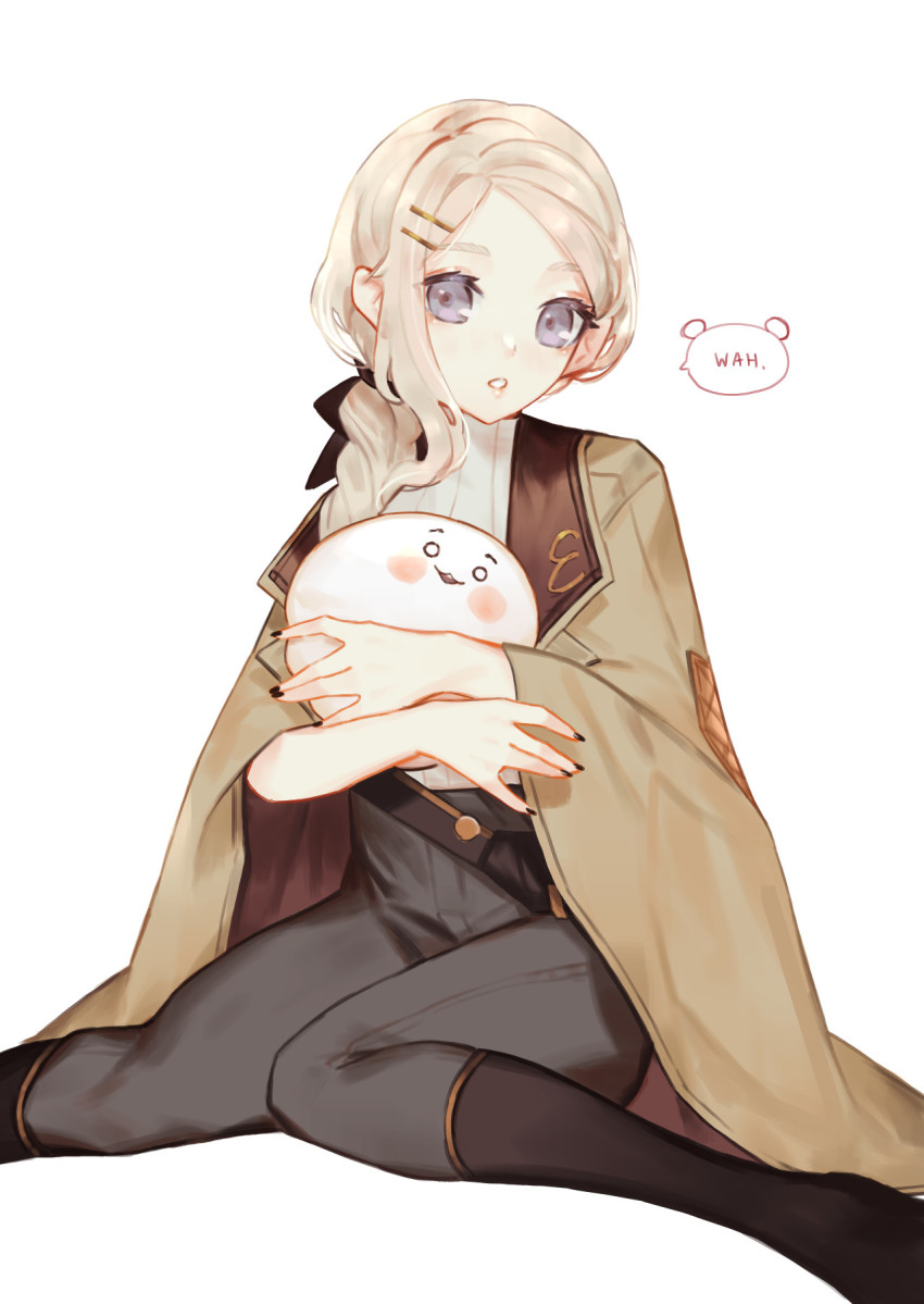 1girl, black_boots, black_nails, boots, braid, brown_jacket, eri_(vtuber), female_focus, grey_eyes, grey_pants, hair_behind_ear, hair_ornament, hairclip, head_tilt, highres, holding, holding_stuffed_toy, indie_virtual_youtuber, jacket, jacket_on_shoulders, looking_at_viewer, nail_polish, pants, parted_lips, simple_background, sitting, softmode, solo, stuffed_toy, virtual_youtuber