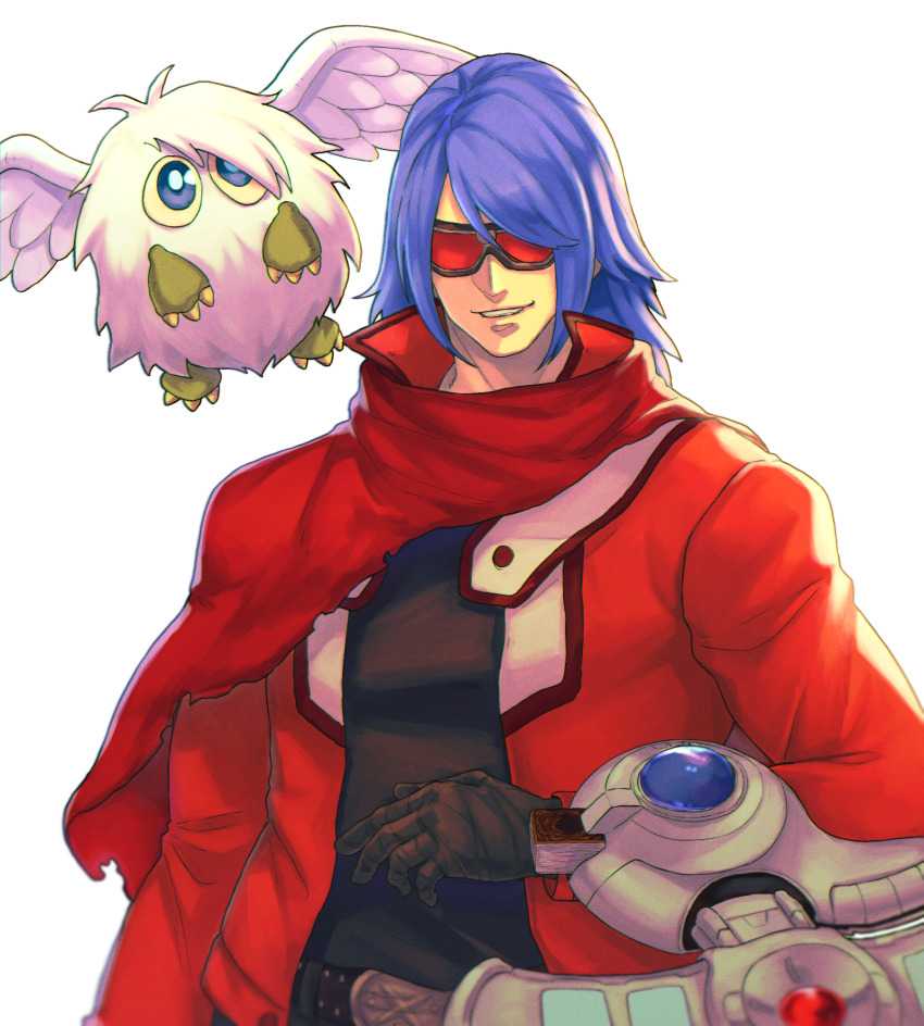 1boy, angel_wings, belt, black_gloves, black_shirt, blue_eyes, blue_hair, cape, card, commentary, creature, deck, deck_of_cards, duel_academy_uniform_(yu-gi-oh!_gx), duel_disk, duel_monster, english_commentary, feathered_wings, floating, fusion, gloves, goggles, hair_between_eyes, hair_over_one_eye, highres, jacket, kenn_(voice_actor), krohnen, ktovhinao, looking_at_viewer, male_focus, medium_hair, open_clothes, open_jacket, parted_lips, popped_collar, red_cape, red_goggles, red_jacket, shirt, simple_background, smile, the_king_of_fighters, the_king_of_fighters_xv, torn_cape, torn_clothes, upper_body, voice_actor_connection, white_background, white_hair, white_wings, winged_kuriboh, wings, yu-gi-oh!, yu-gi-oh!_gx, yuki_judai