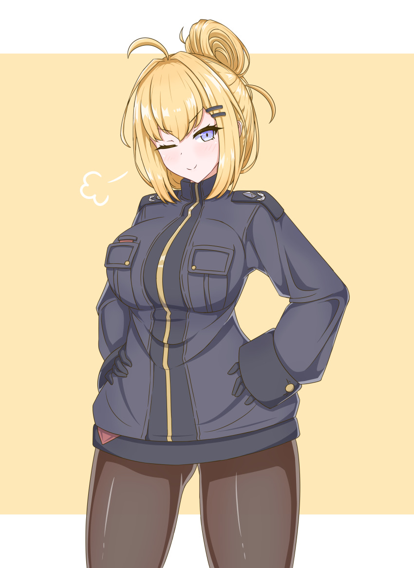 1girl, absurdres, ahoge, black_gloves, blonde_hair, blue_eyes, blush, breasts
