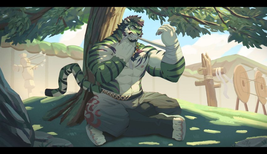1boy, abs, absurdres, animal_ears, bandages, bara, bare_pectorals, belt, biceps, claws, clenched_hand, cloud, cloudy_sky, doll, fdj_1997, field, furry, furry_male, grasslands, green_fur, hairy, highres, leaf, letterboxed, male_focus, manly, muscular, muscular_arms, muscular_male, one_eye_closed, original, pants, pectoral_cleavage, pectorals, sitting, sky, solo, tail, target, target_practice, tiger_boy, tiger_ears, tiger_tail, topless_male, tree, wall