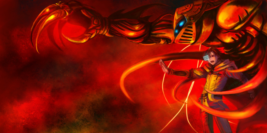 1boy, aya_namihei, aya_namihira, capelet, claws, gii, gii_(sekien_no_inganock), green_eyes, highres, outstretched_arms, porshion, red_theme, sekien_no_inganock, steampunk_(liarsoft)