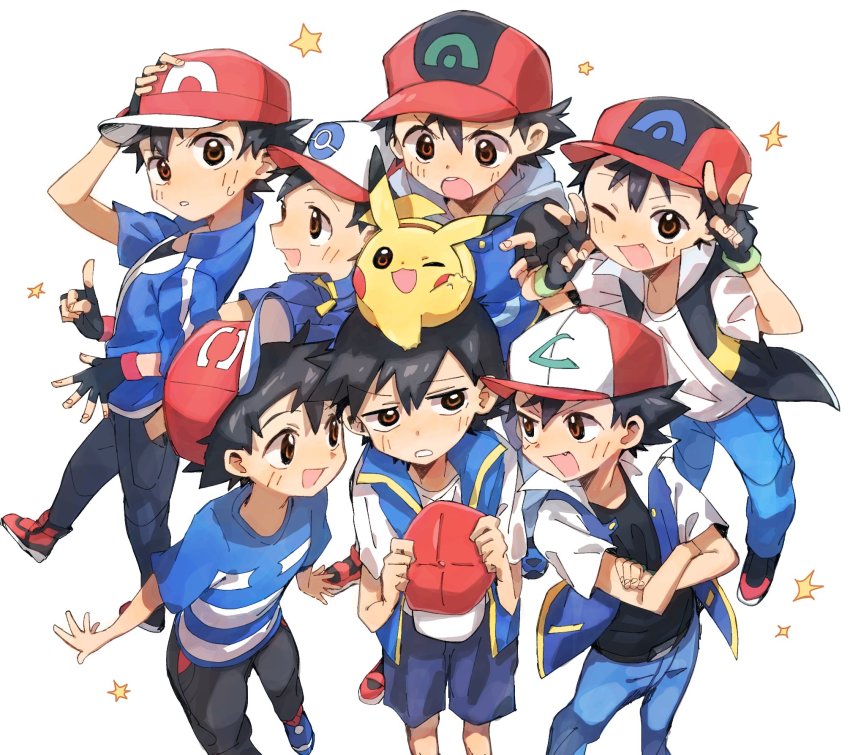 6+boys, :d, ;d, ash_ketchum, baseball_cap, belt, belt_buckle, black_gloves