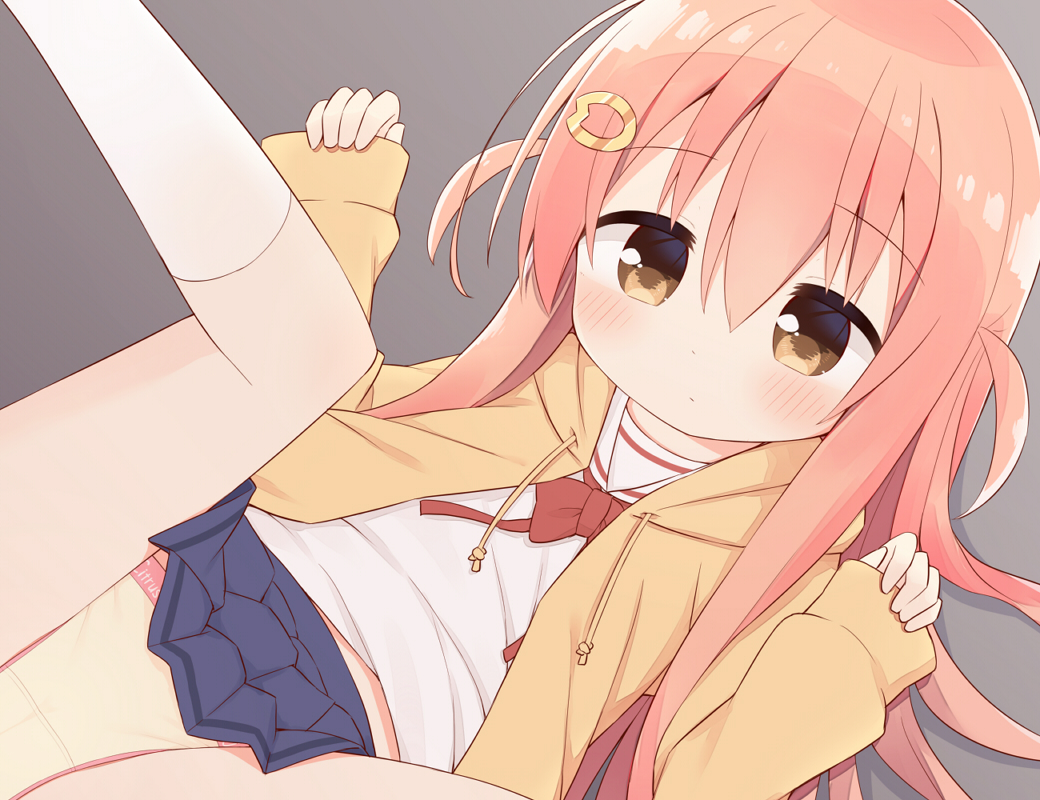 1girl, blue_skirt, blush, bow, brown_eyes, brown_jacket, clothes_lift, commentary_request, drawstring, feet_out_of_frame, grey_background, hair_between_eyes, hair_ornament, hairclip, hood, hood_down, hooded_jacket, ii_(ayanepuna), jacket, kneehighs, long_hair, long_sleeves, looking_at_viewer, lying, on_back, open_clothes, open_jacket, original, panties, pink_hair, pleated_skirt, red_bow, sailor_collar, shirt, skirt, skirt_lift, sleeves_past_wrists, socks, solo, two_side_up, underwear, very_long_hair, white_sailor_collar, white_shirt, white_socks, yellow_panties, yuune_(ayanepuna)