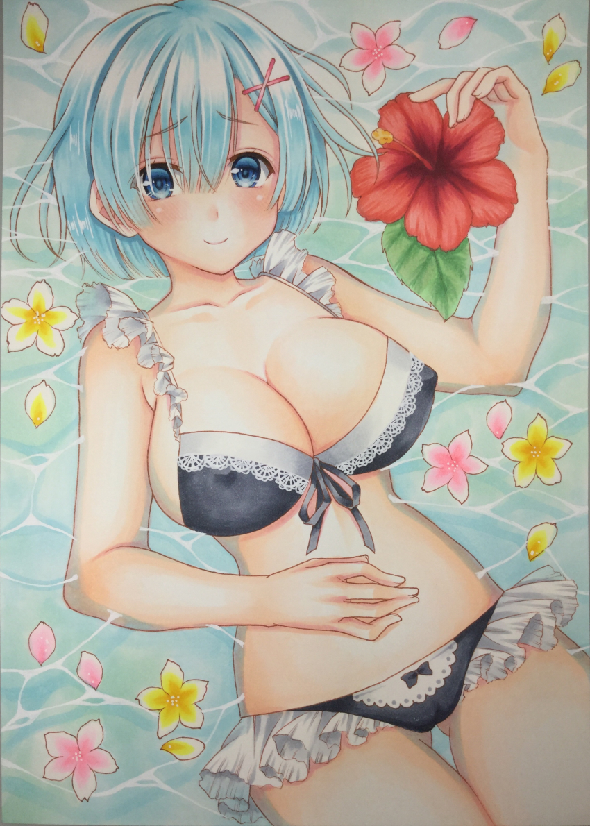 1girl, absurdres, bikini, black_bikini, blue_eyes, blue_hair, breasts, cowboy_shot
