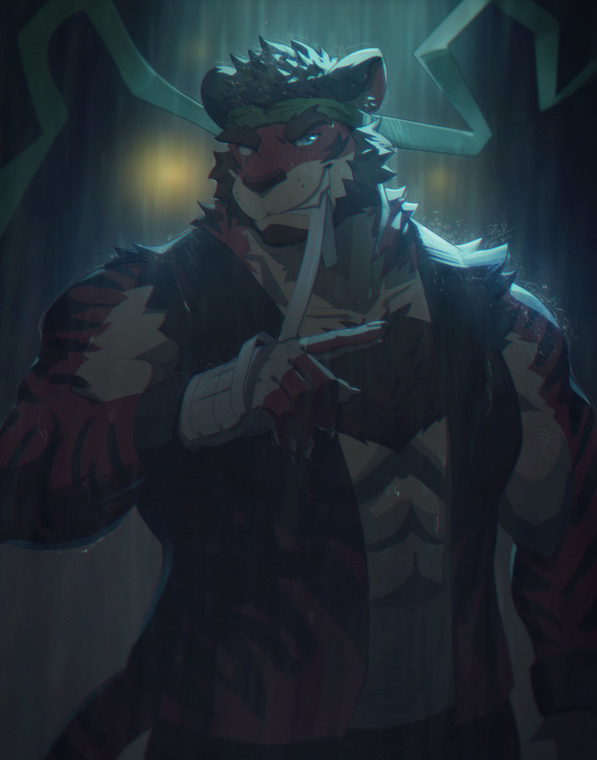 1boy, abs, animal_ears, bandages, bara, bare_pectorals, blue_eyes, bracelet