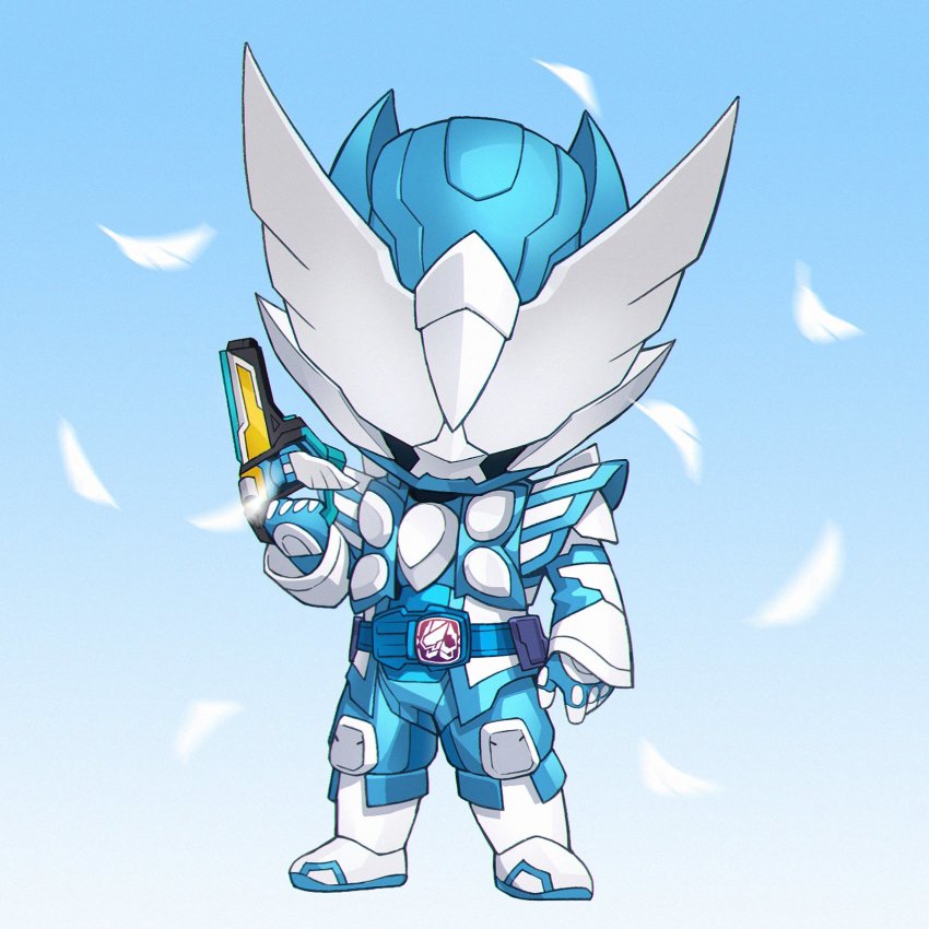 1boy, armor, blue_armor, blue_background, bodysuit, boots, chibi, compound_eyes