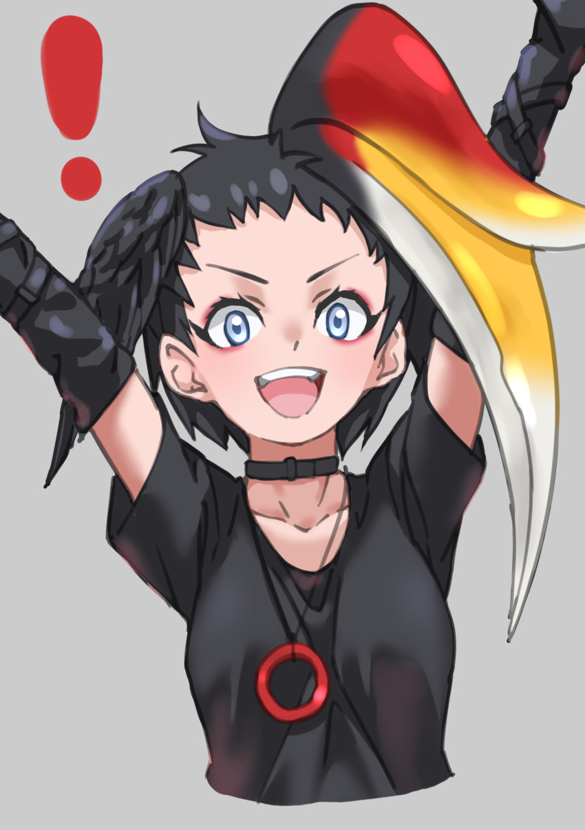 !, 1girl, :d, arms_up, asymmetrical_bangs, black_collar, black_hair, black_shirt