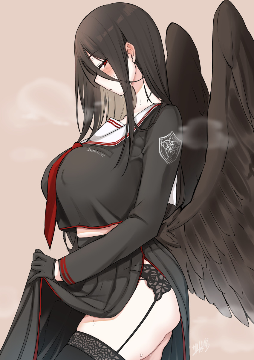 1girl, absurdres, ass, black_gloves, black_hair, black_shirt, black_skirt, black_thighhighs