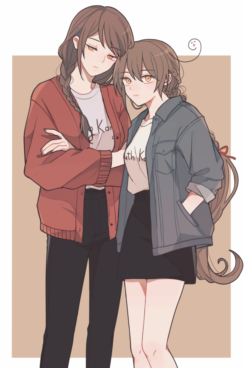 2girls, 5ya_ngi, ahoge, axis_powers_hetalia, black_pants, black_skirt, blue_jacket, braid