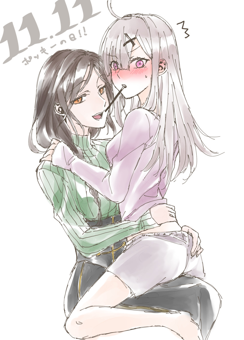 2girls, black_hair, black_skirt, blush, braid, couple, embarrassed, female_focus