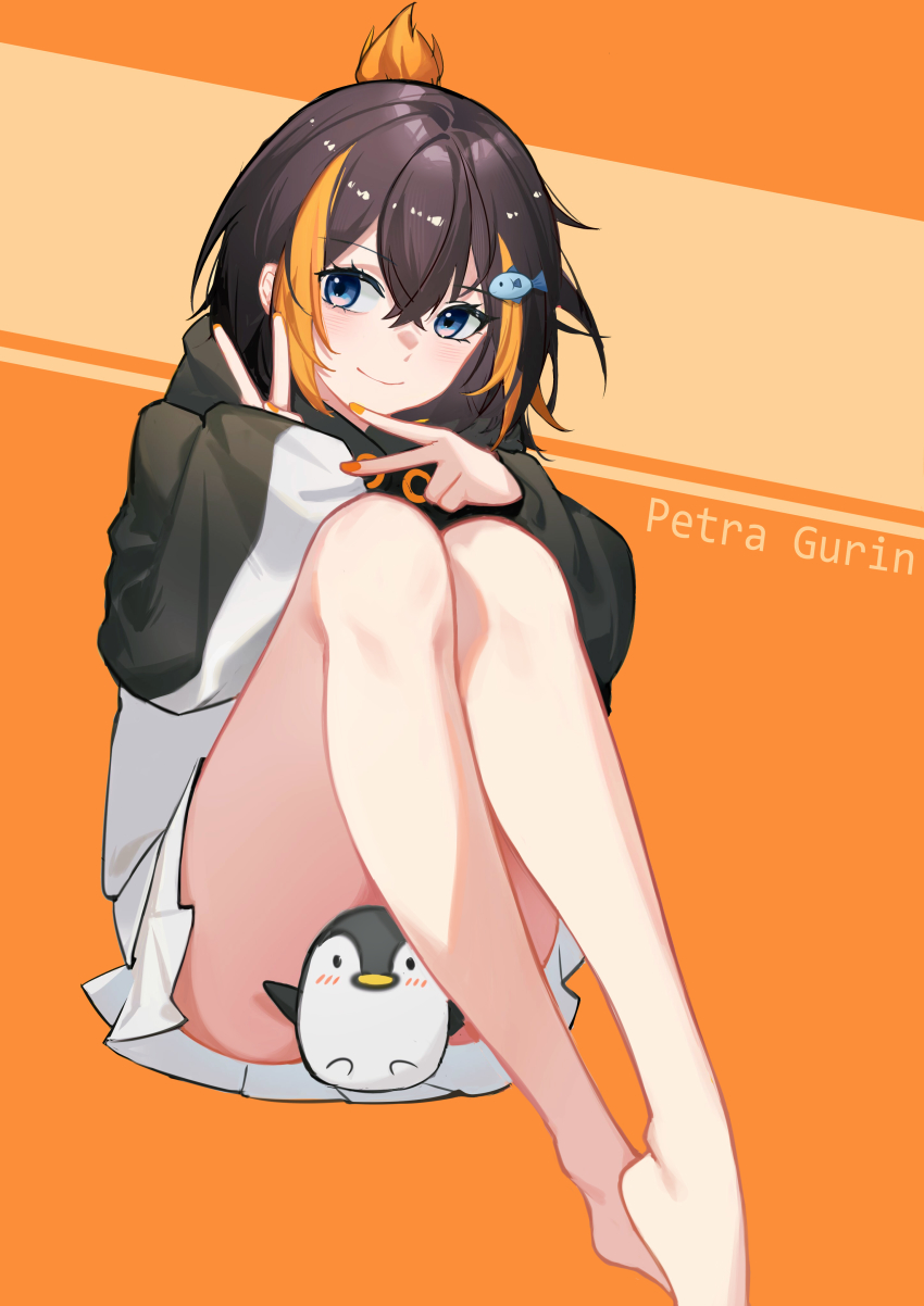 1girl, absurdres, bird, black_hoodie, brown_hair, censored, character_name, double_v