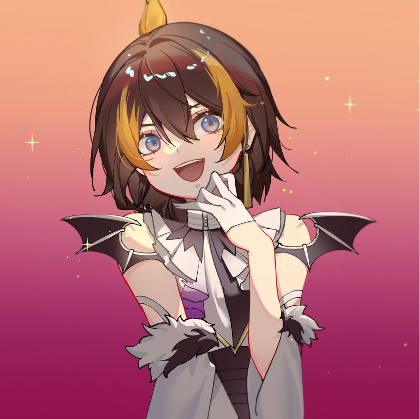 1girl, :d, blue_eyes, blush, brown_hair, corset, cosplay, earrings, female_focus, gradient_background, head_tilt, highres, jewelry, lai_dou_laile_555, looking_at_viewer, multicolored_hair, nijisanji, nijisanji_en, open_mouth, orange_hair, petra_gurin, short_hair, shu_yamino, shu_yamino_(1st_costume), shu_yamino_(cosplay), simple_background, single_earring, smile, solo, sparkle, streaked_hair, upper_body, virtual_youtuber