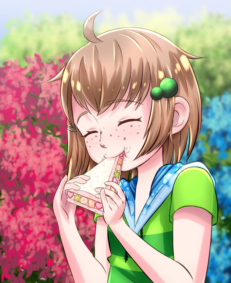 1girl, ahoge, banana, blue_collar, blue_flowers, blush, bread, brown_hair