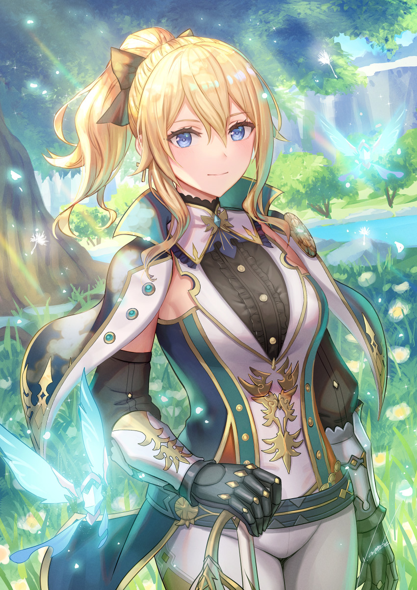 1girl, absurdres, anbe_yoshirou, black_bow, black_shirt, blonde_hair, blue_capelet, blue_eyes