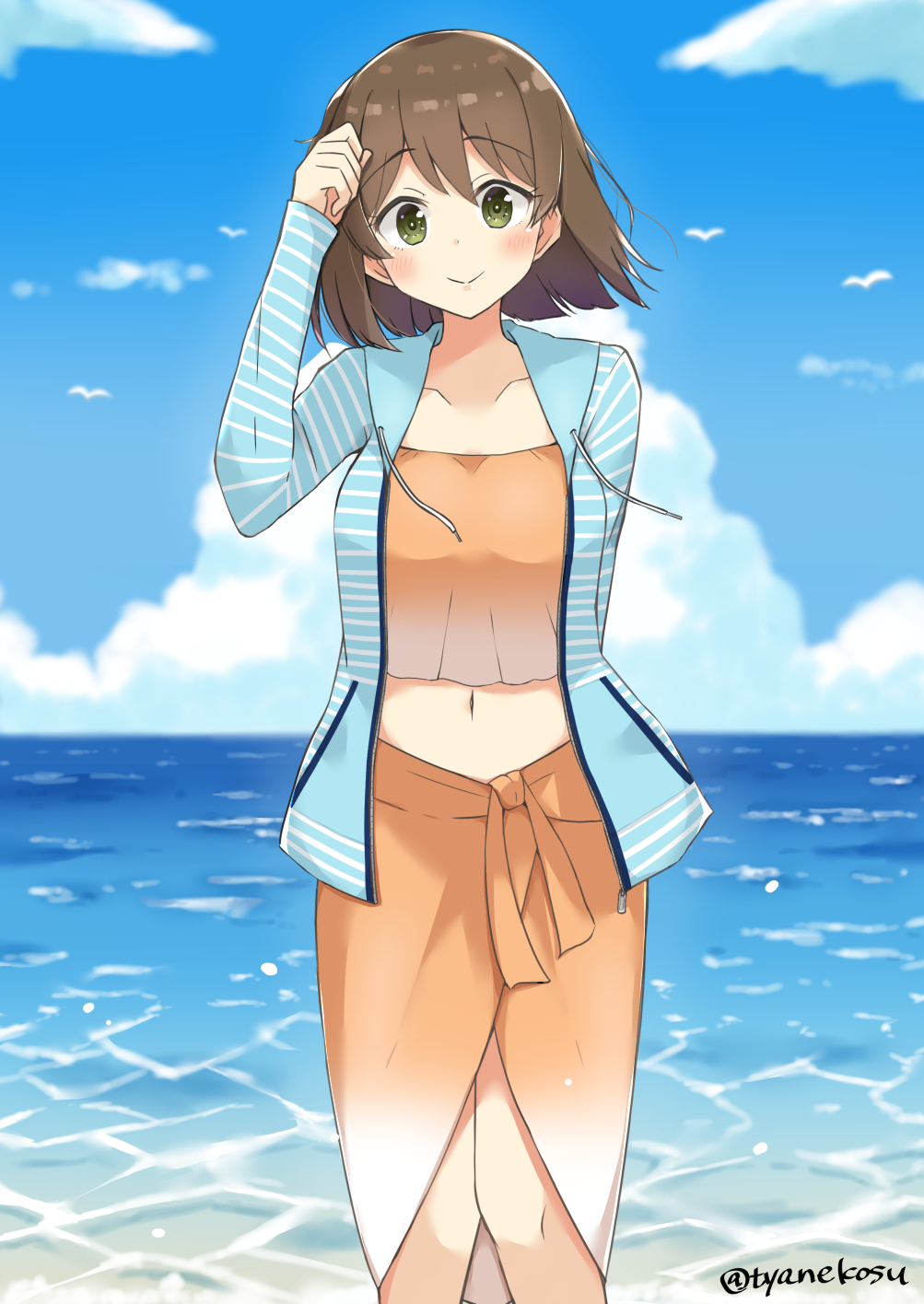 1girl, bikini, blue_sweater, brown_hair, chaa_(korone-ze), collarbone, green_eyes, highres