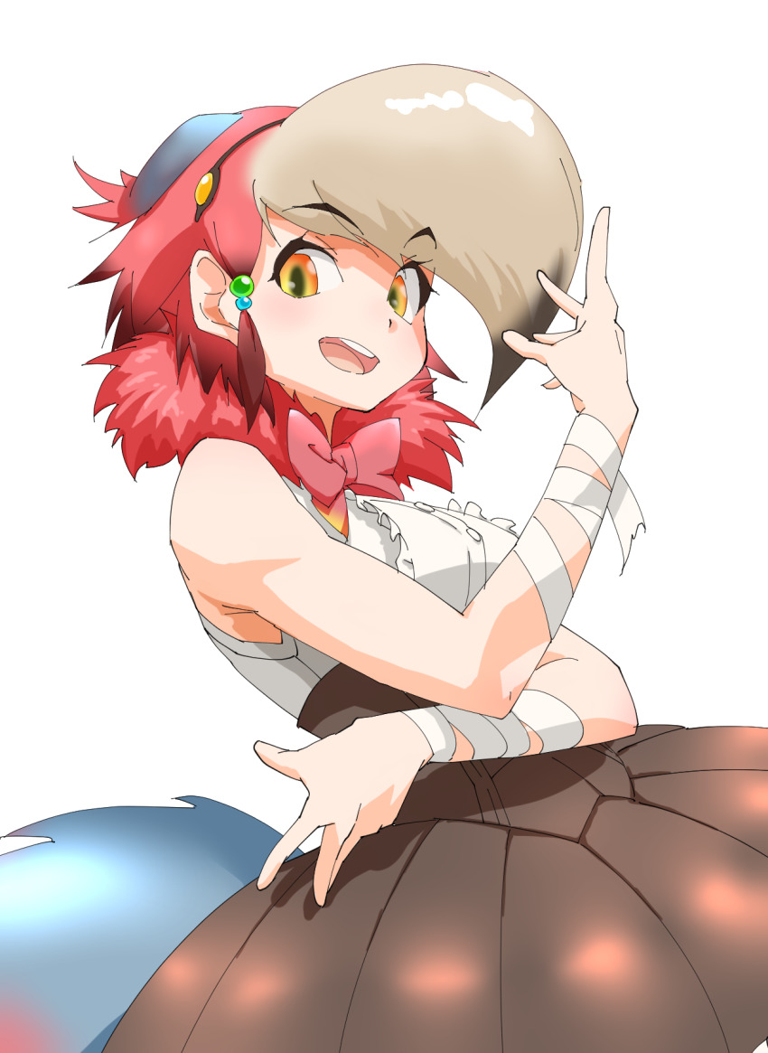 1girl, :d, asymmetrical_bangs, bandaged_arm, bandages, bare_shoulders, beads, bow