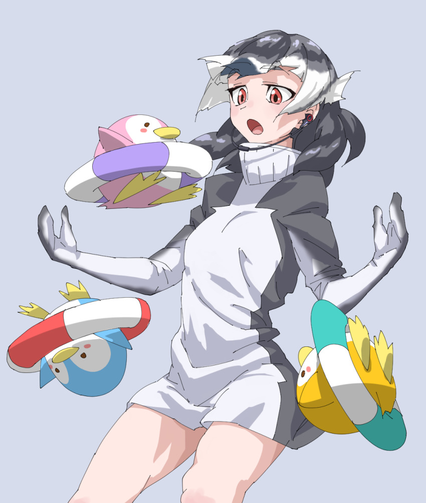 1girl, :o, black_hair, chinstrap_penguin_(kemono_friends), commentary, cowboy_shot, earphones, grey_background
