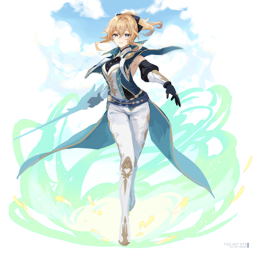 1girl, 8_(e_uu88), blonde_hair, blue_capelet, blue_eyes, bow, capelet, detached_sleeves