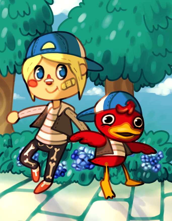 animal_crossing, bandaid, bandaid_on_face, bandaid_on_nose, bill_(animal_crossing), bird, bush, duck