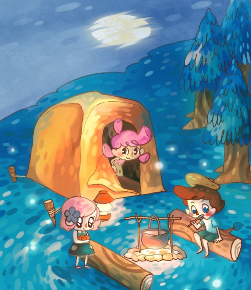 animal_crossing, beret, campsite, cedar_tree, hat, highres, miguel_crossing, night