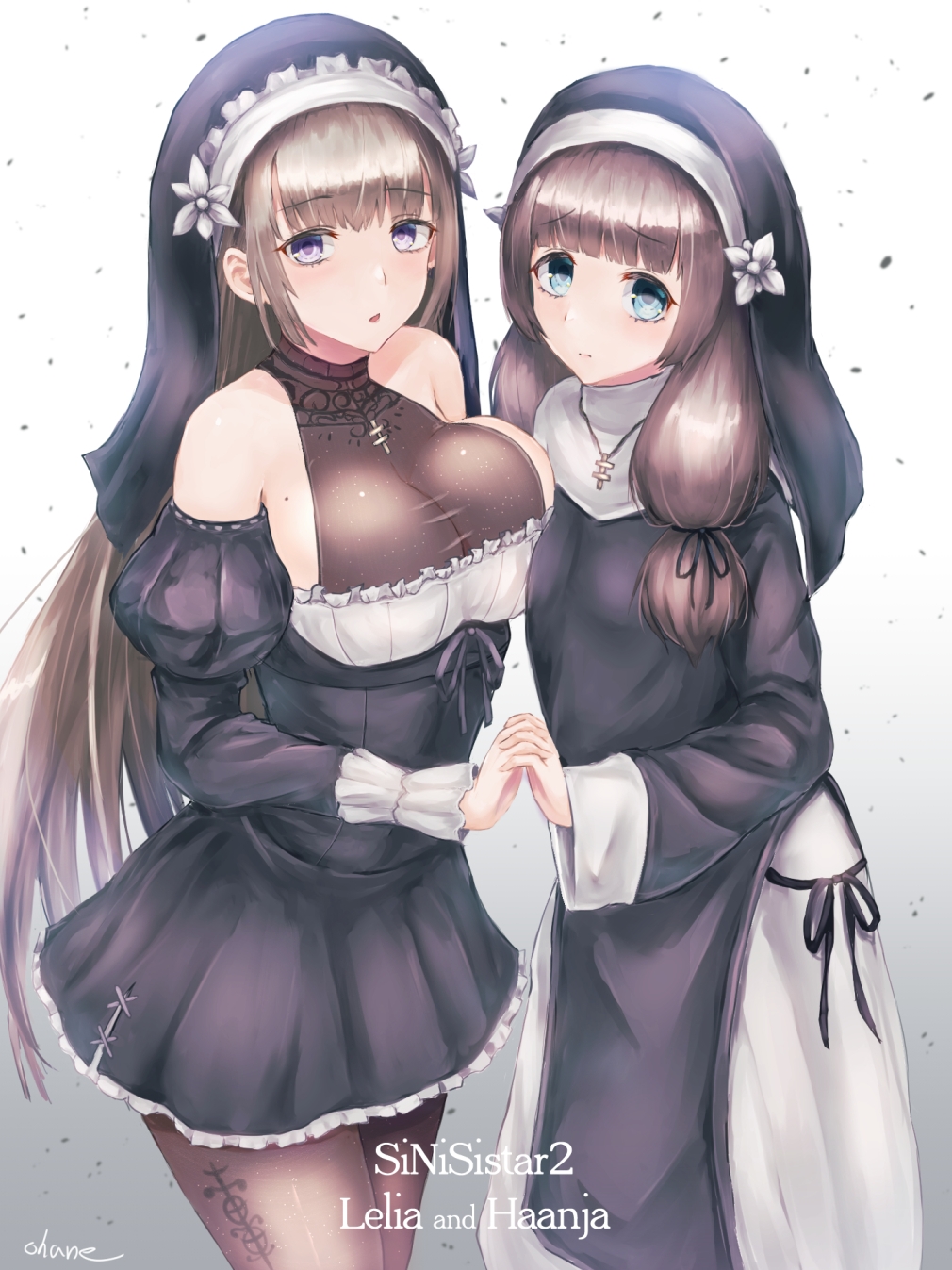 2girls, asymmetrical_docking, bare_shoulders, blonde_hair, breast_press, breasts, brown_hair, cleavage