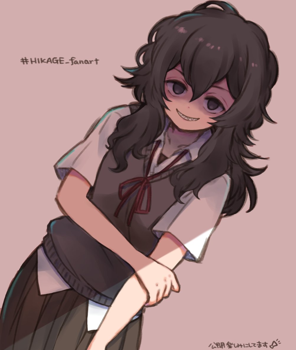 1girl, beige_background, brown_vest, hair_over_eyes, hikage_monogatari, hunched_over, igarashi_kasumi_(nerdy_girl's_story), jimiko, looking_at_viewer, messy_hair, mojyo, nerdy_girl's_story, pink_background, pleated_skirt, rabio_(labi555), sharp_teeth, skirt, smile, solo, sweater_vest, teeth, tented_shirt, vest