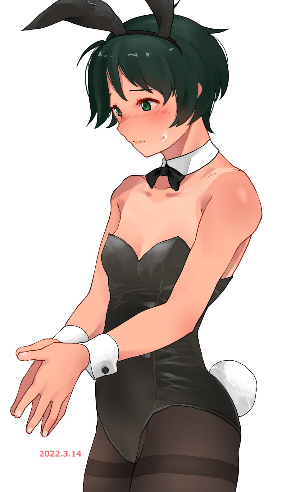 1girl, animal_ears, bare_shoulders, black_hair, black_leotard, black_pantyhose, bow, bowtie
