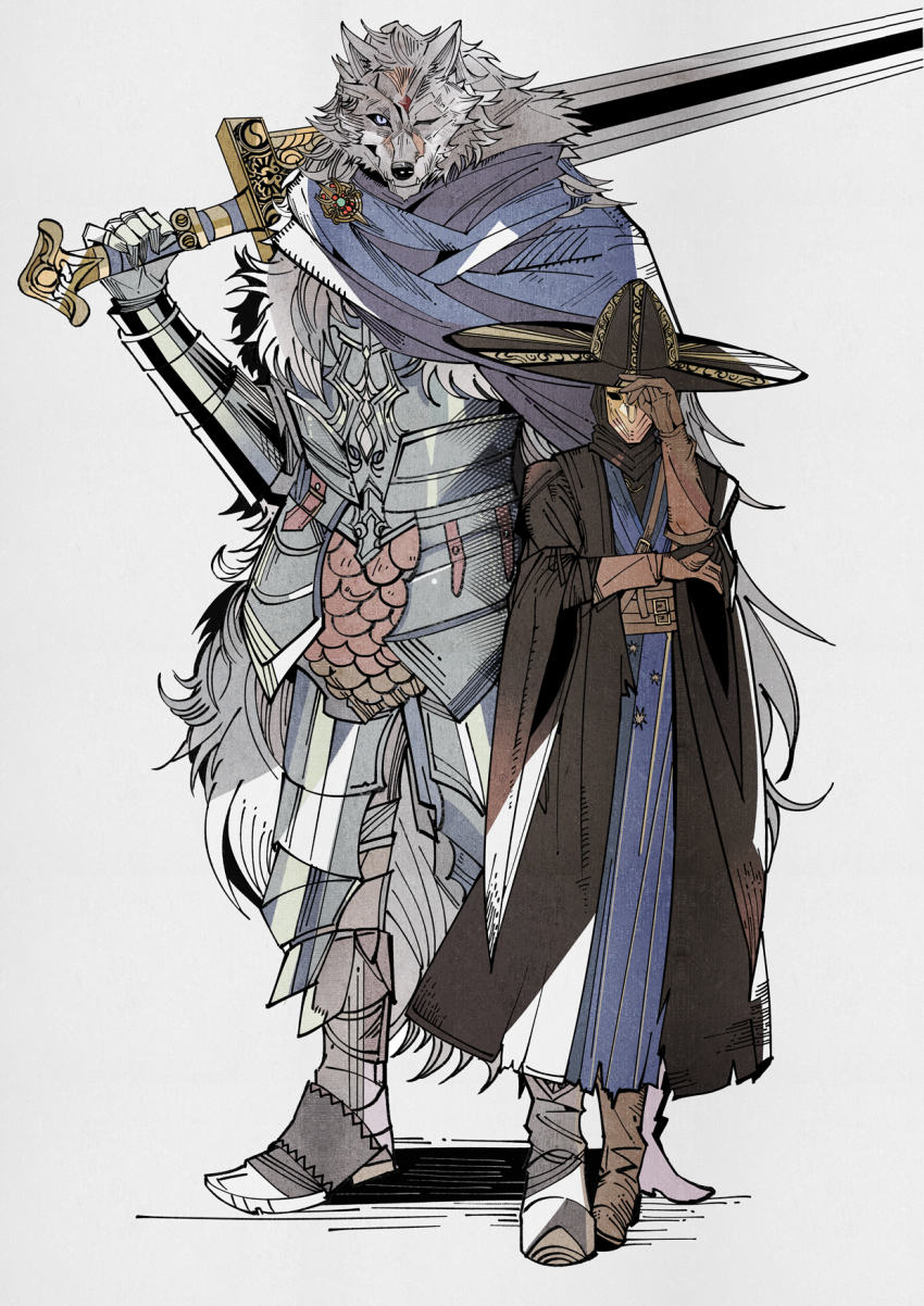 2boys, armor, belt, blaidd_the_half-wolf, blue_cape, blue_eyes, boots, breastplate